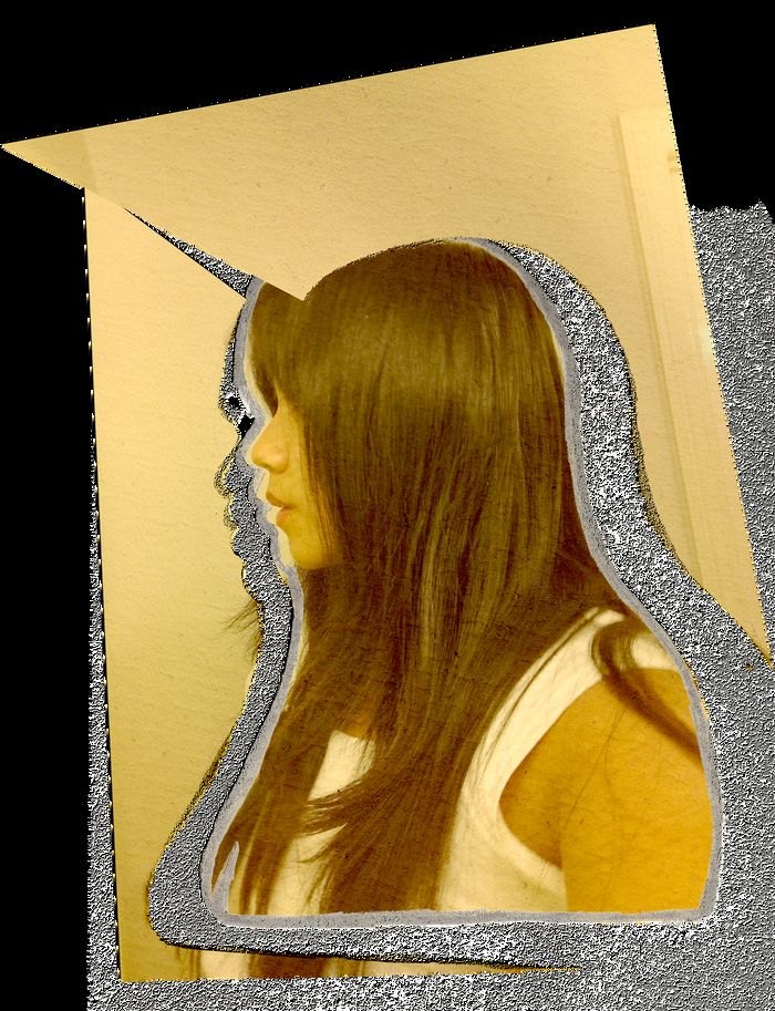 Kiana Fernandez in profile, cut out against a gold shape